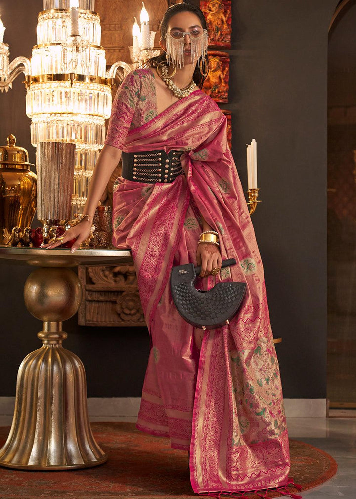 Shades Of Pink Zari Handloom Woven Designer Silk Saree - qivii