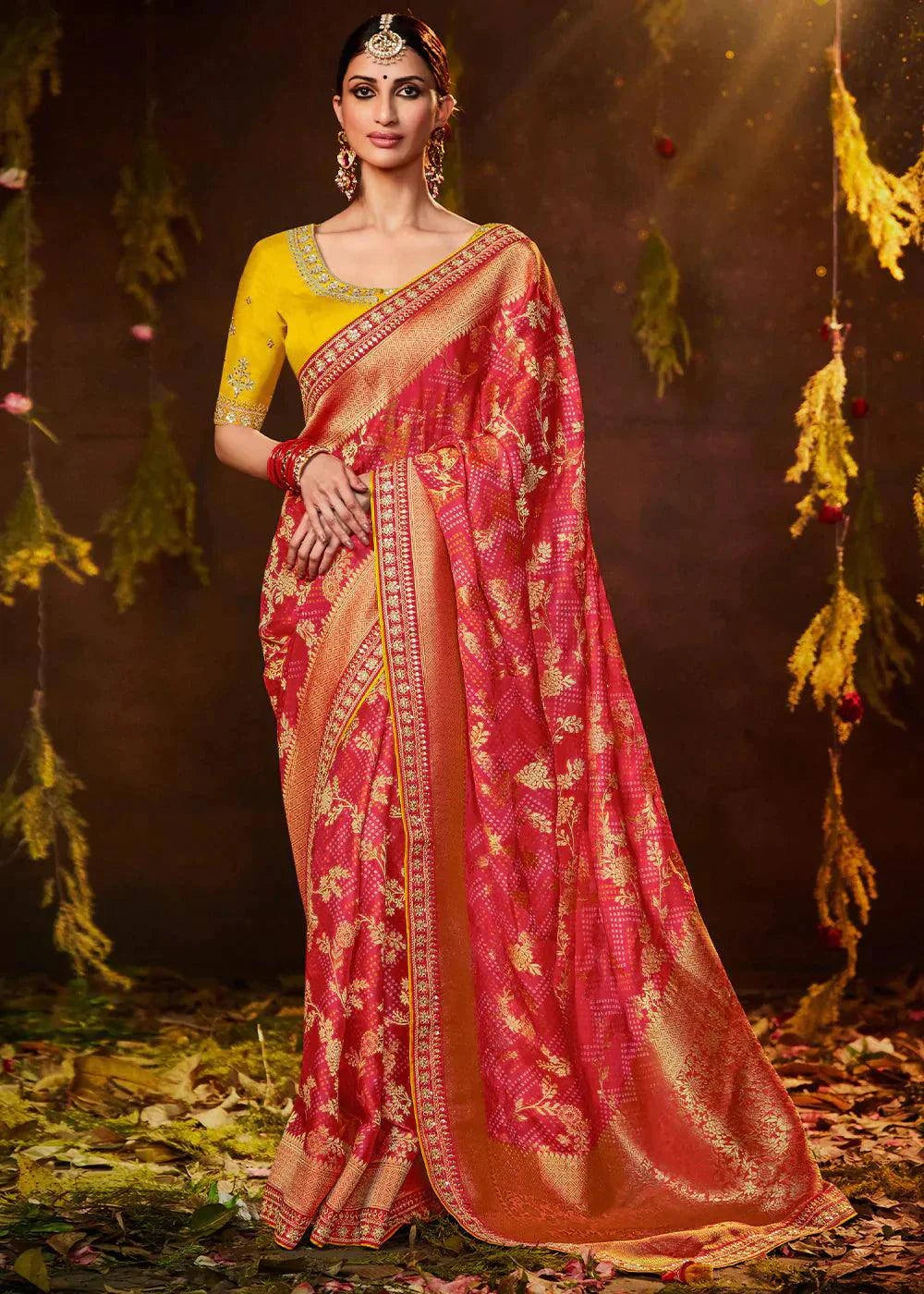 Shades Of Pink Zari Weaving Georgette Silk Saree with Embroidery Designer Blouse | Stitched Blouse - qivii