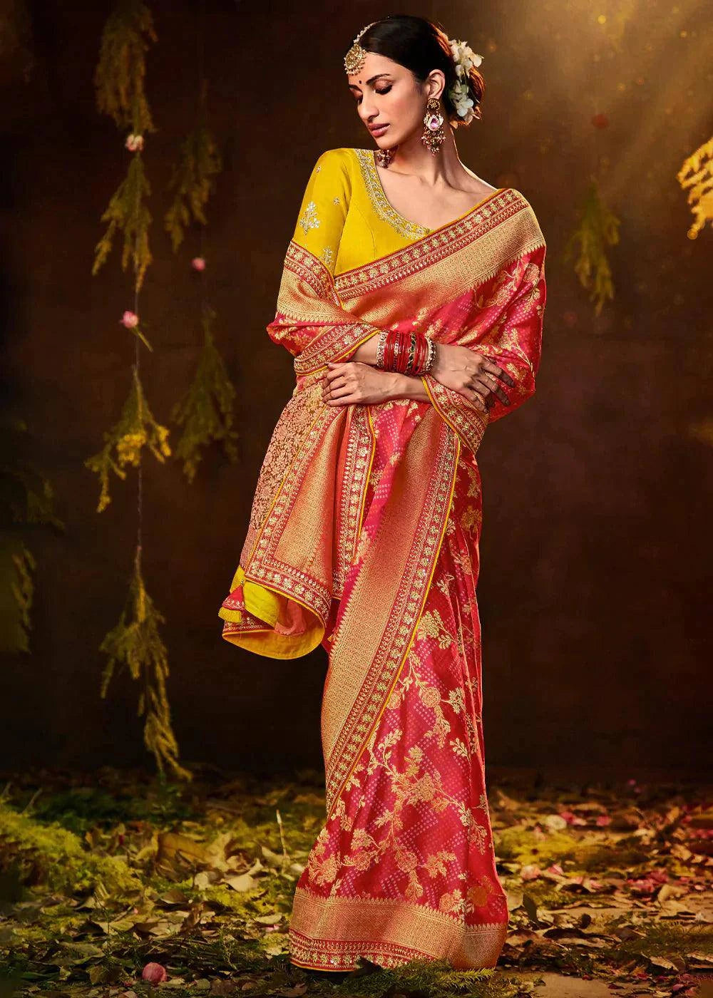 Shades Of Pink Zari Weaving Georgette Silk Saree with Embroidery Designer Blouse | Stitched Blouse - qivii