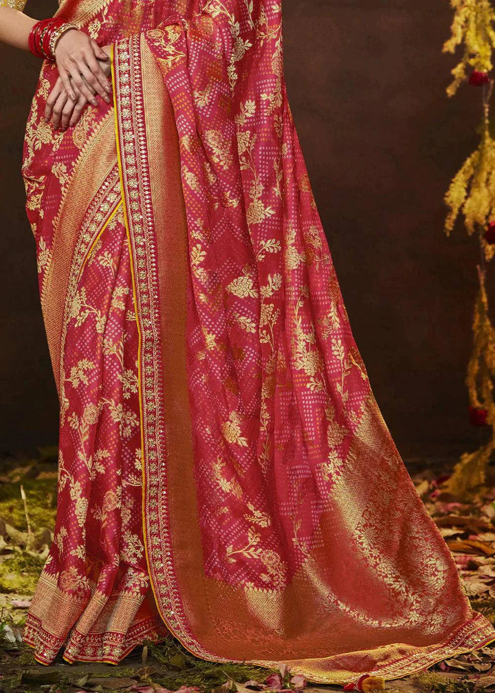 Shades Of Pink Zari Weaving Georgette Silk Saree with Embroidery Designer Blouse | Stitched Blouse - qivii