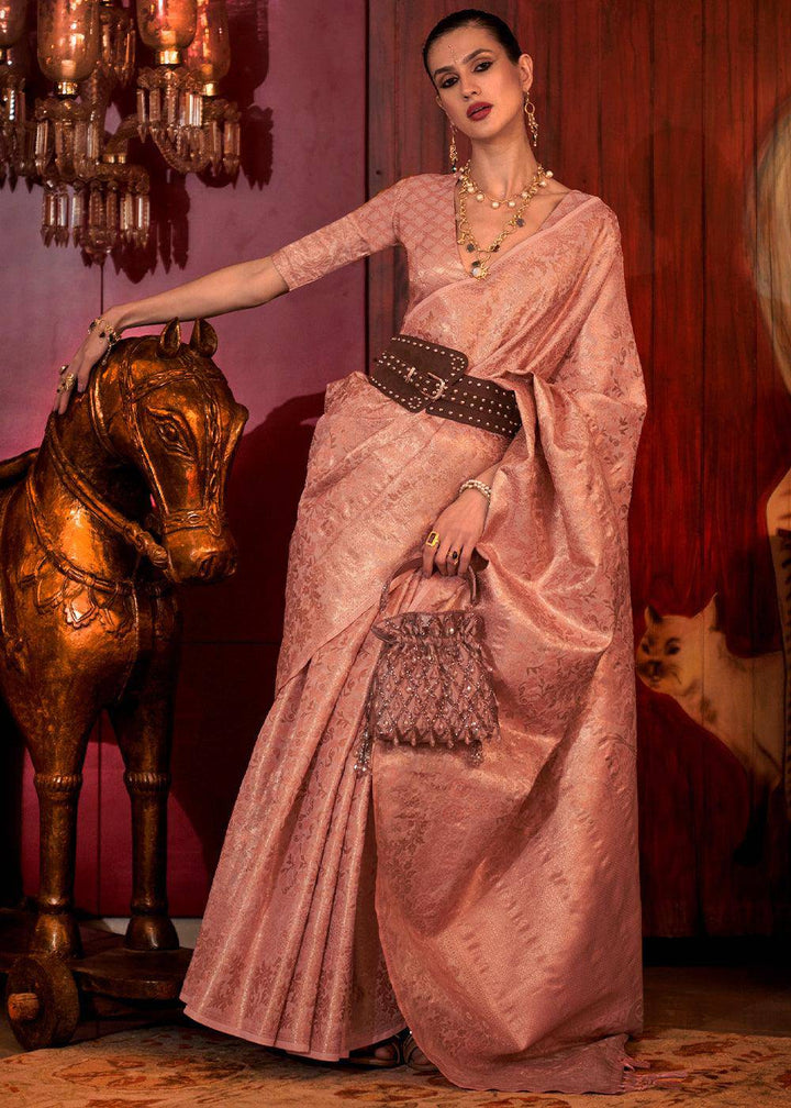 Shades Of Pink Zari Woven Banarasi Brocade Silk Saree | Stitched Blouse - qivii