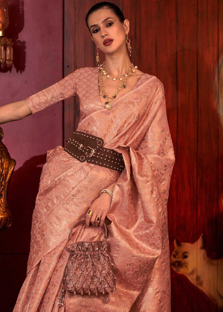 Shades Of Pink Zari Woven Banarasi Brocade Silk Saree | Stitched Blouse - qivii