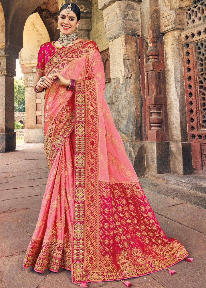 Shades Of Pink Zari Woven Banarasi Silk Saree with Embroidered Blouse | Stitched Blouse - qivii