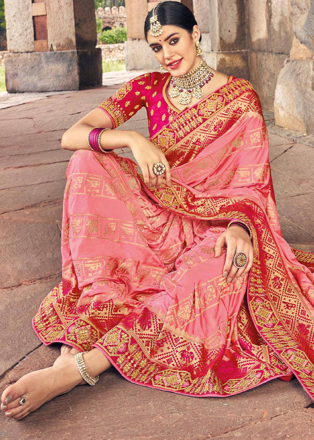 Shades Of Pink Zari Woven Banarasi Silk Saree with Embroidered Blouse | Stitched Blouse - qivii