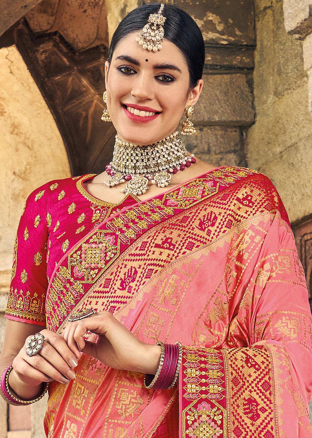 Shades Of Pink Zari Woven Banarasi Silk Saree with Embroidered Blouse | Stitched Blouse - qivii