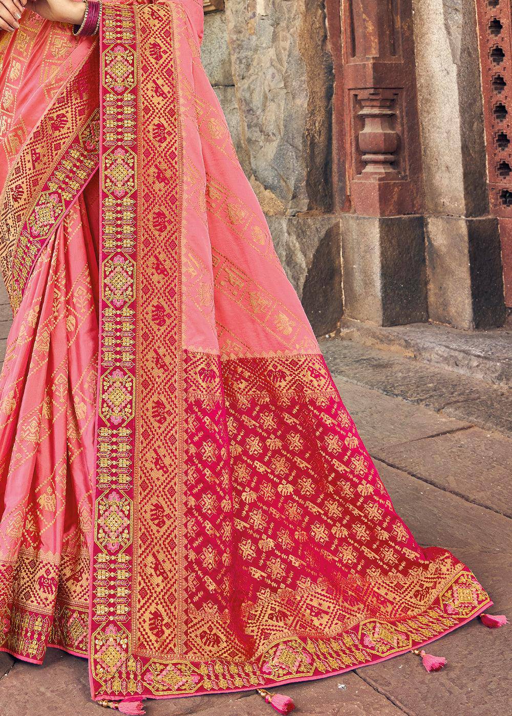 Shades Of Pink Zari Woven Banarasi Silk Saree with Embroidered Blouse | Stitched Blouse - qivii