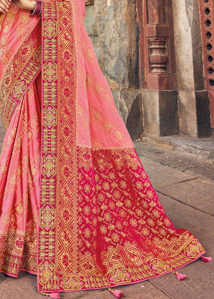 Shades Of Pink Zari Woven Banarasi Silk Saree with Embroidered Blouse | Stitched Blouse - qivii