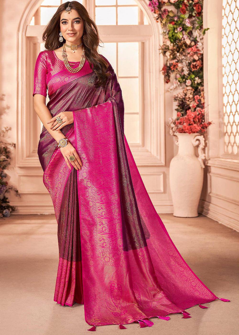 Shades Of Pink Zari Woven Designer Silk Saree | Stitched Blouse - qivii