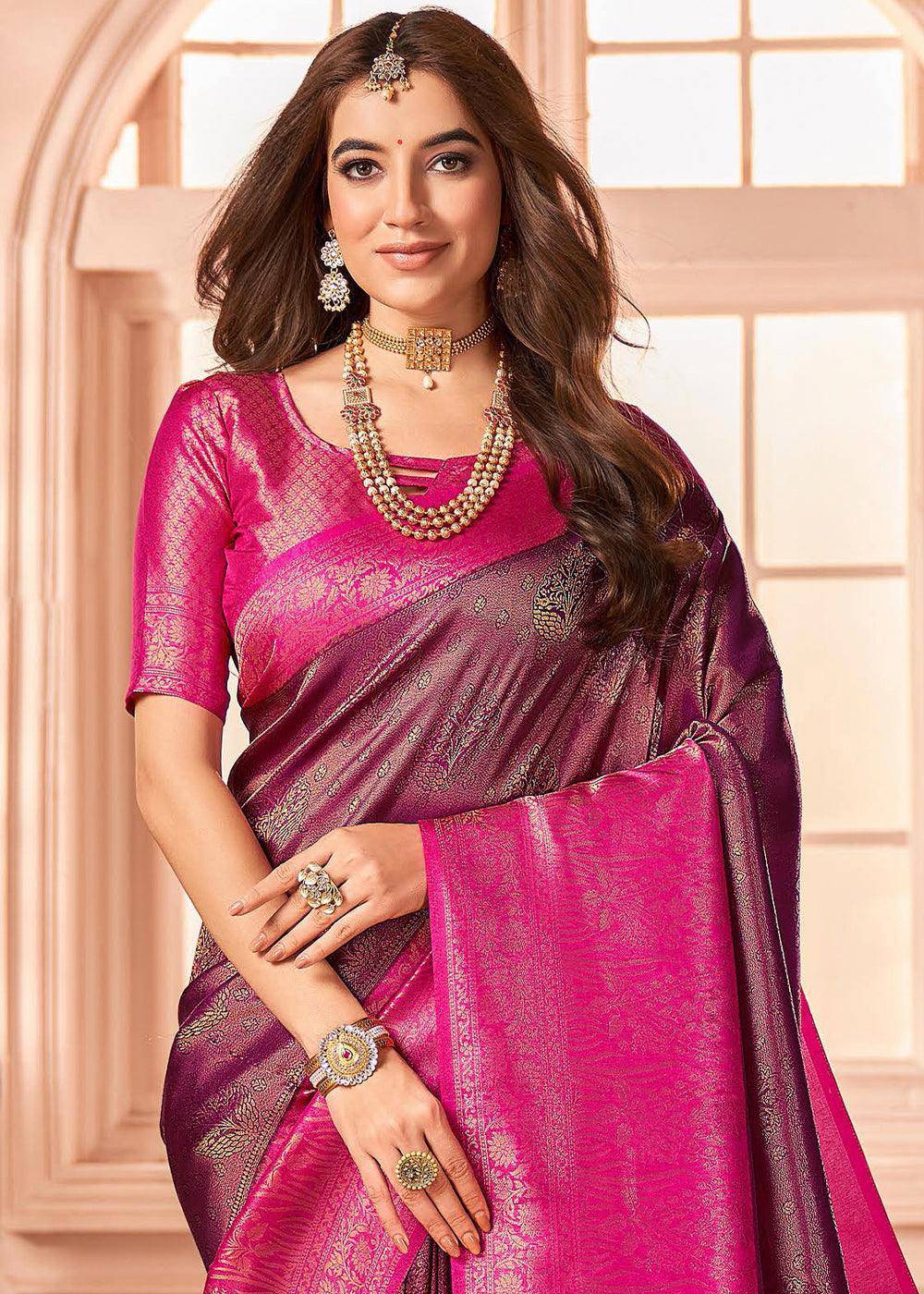 Shades Of Pink Zari Woven Designer Silk Saree | Stitched Blouse - qivii