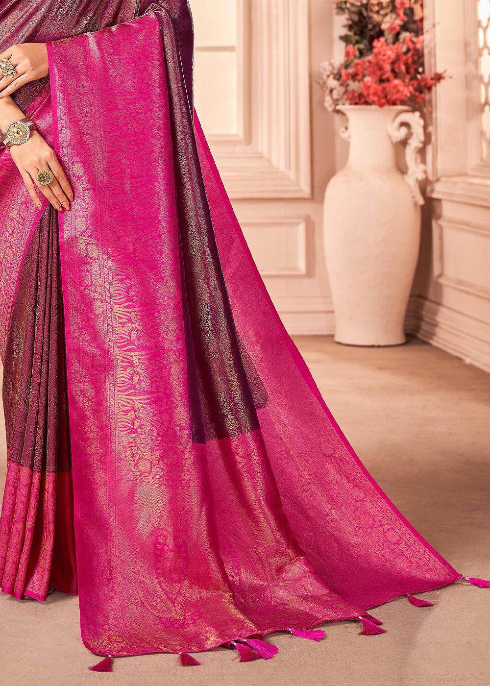 Shades Of Pink Zari Woven Designer Silk Saree | Stitched Blouse - qivii