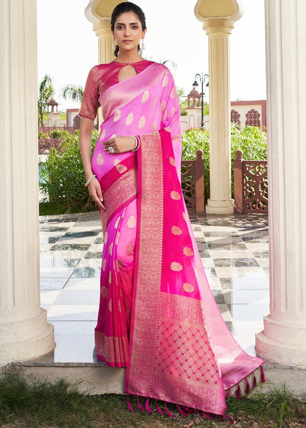 Shades Of Pink Zari Woven Georgette Saree - qivii