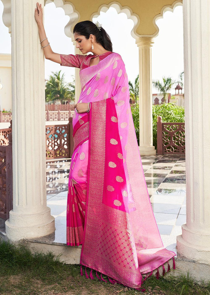 Shades Of Pink Zari Woven Georgette Saree - qivii