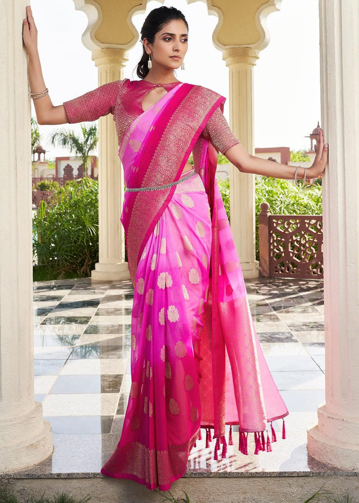 Shades Of Pink Zari Woven Georgette Saree - qivii