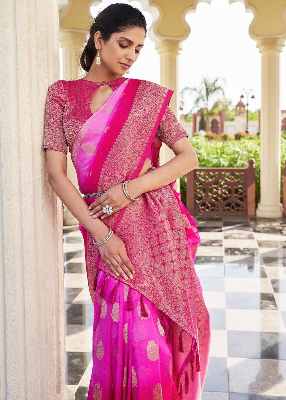 Shades Of Pink Zari Woven Georgette Saree - qivii