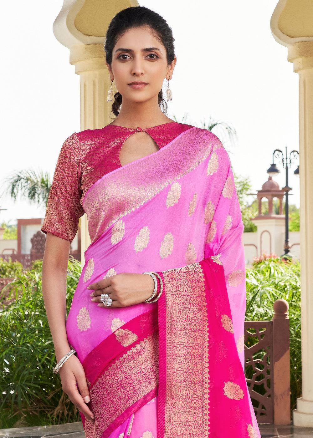 Shades Of Pink Zari Woven Georgette Saree - qivii