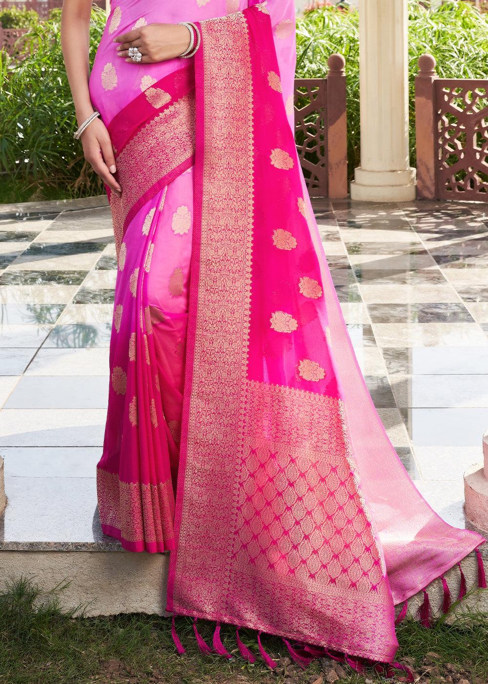 Shades Of Pink Zari Woven Georgette Saree - qivii