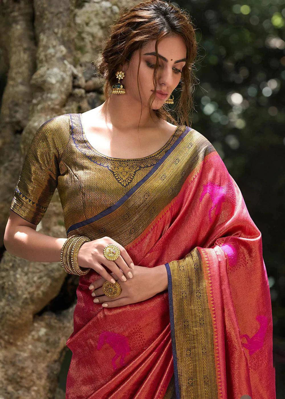 Shades Of Pink Zari Woven Kanjivaram Silk Saree | Stitched Blouse - qivii