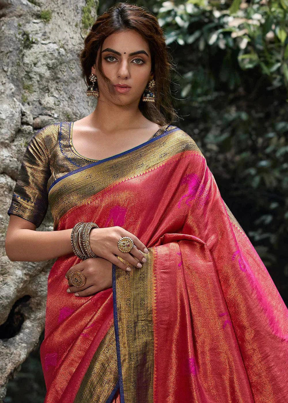 Shades Of Pink Zari Woven Kanjivaram Silk Saree | Stitched Blouse - qivii