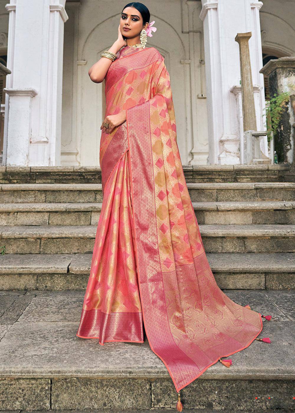 Shades Of Pink Zari Woven Organza Silk Saree | Stitched Blouse - qivii