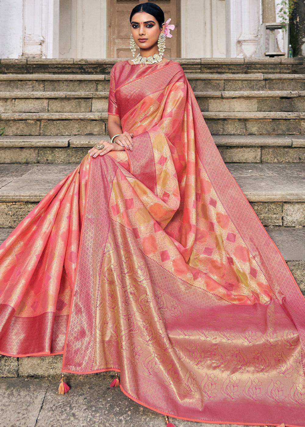 Shades Of Pink Zari Woven Organza Silk Saree | Stitched Blouse - qivii