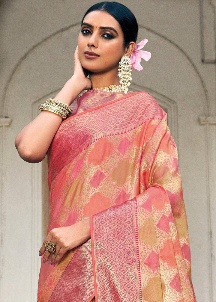 Shades Of Pink Zari Woven Organza Silk Saree | Stitched Blouse - qivii