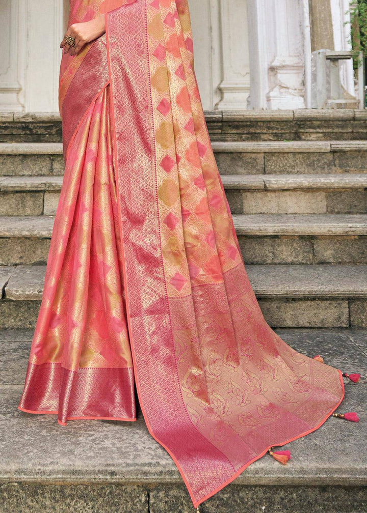 Shades Of Pink Zari Woven Organza Silk Saree | Stitched Blouse - qivii