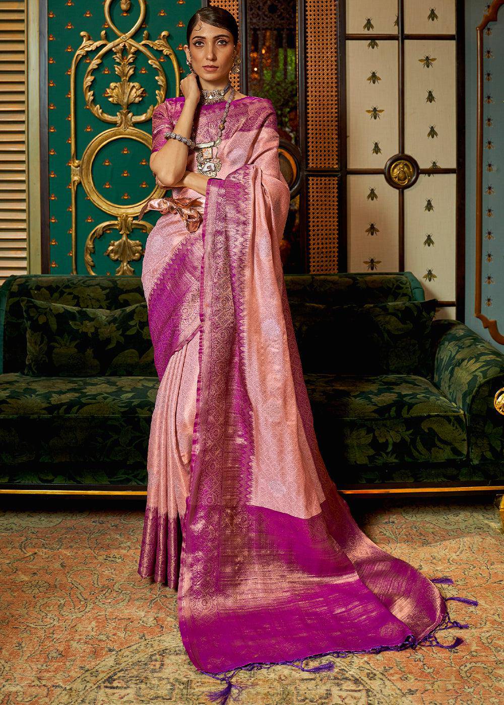 Shades Of Pink Zari Woven Silk Saree with Tassels on Pallu | Stitched Blouse - qivii