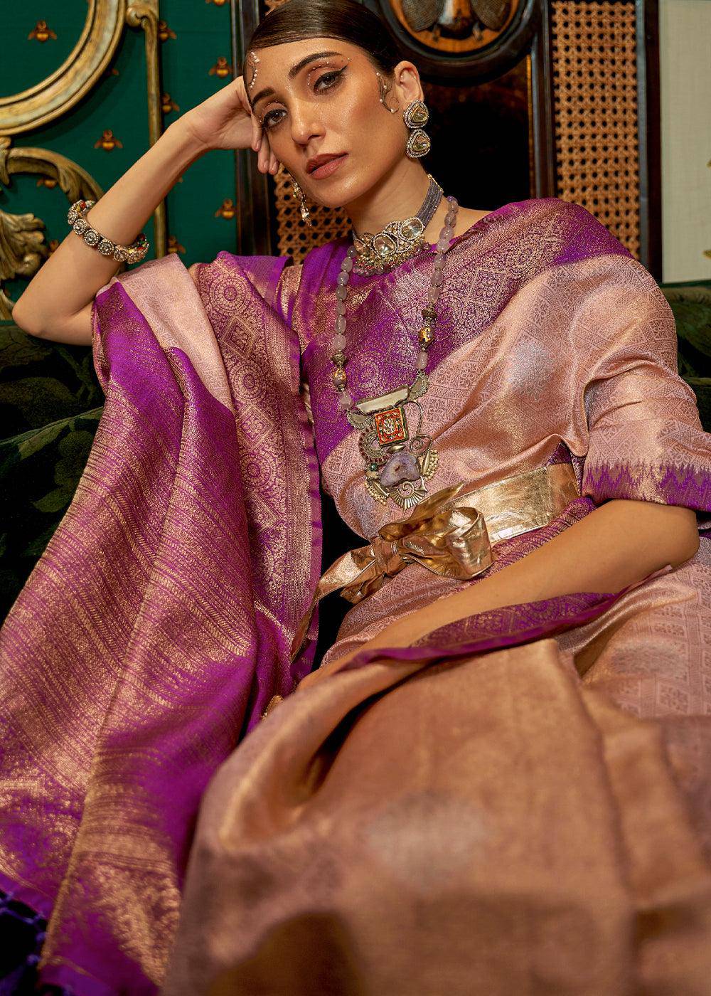 Shades Of Pink Zari Woven Silk Saree with Tassels on Pallu | Stitched Blouse - qivii