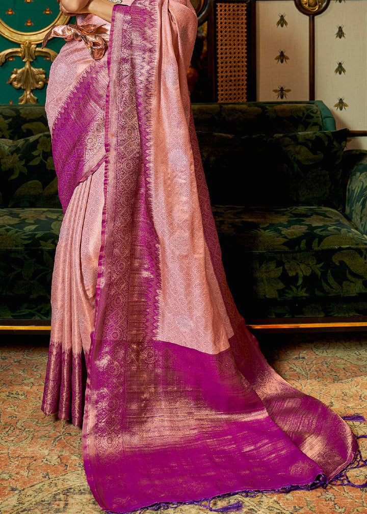 Shades Of Pink Zari Woven Silk Saree with Tassels on Pallu | Stitched Blouse - qivii