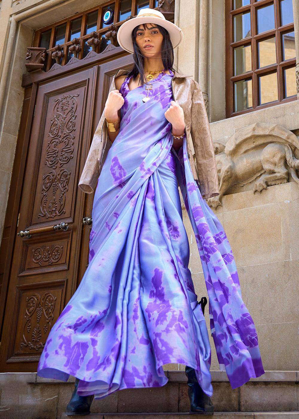 Shades Of Purple Designer Satin Crepe Printed Saree | Stitched Blouse - qivii