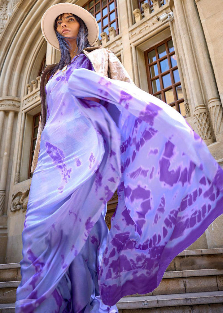 Shades Of Purple Designer Satin Crepe Printed Saree | Stitched Blouse - qivii