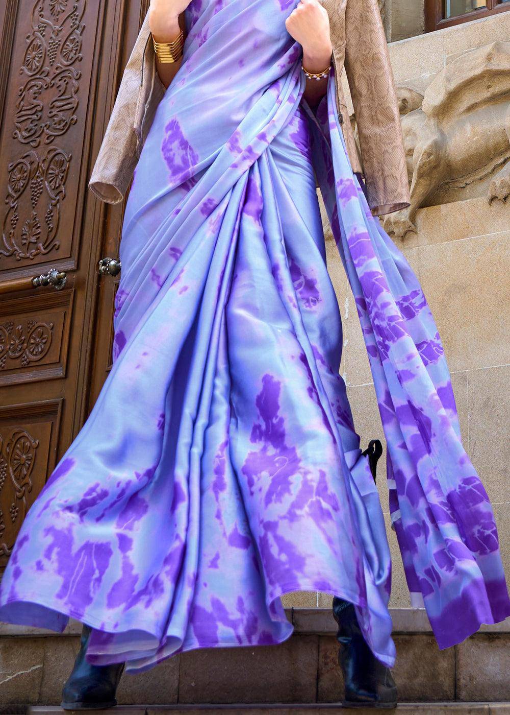 Shades Of Purple Designer Satin Crepe Printed Saree | Stitched Blouse - qivii