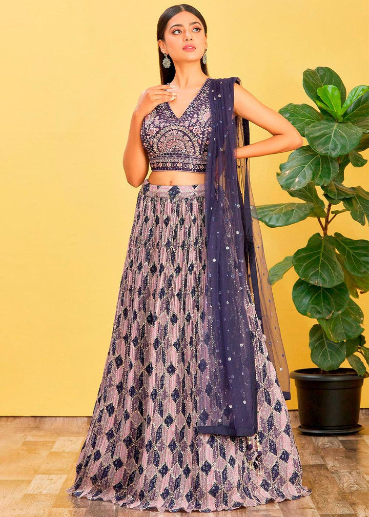 Shades Of Purple Digital Printed Chinnon Lehenga with Thread,Zari & Sequins Work - qivii