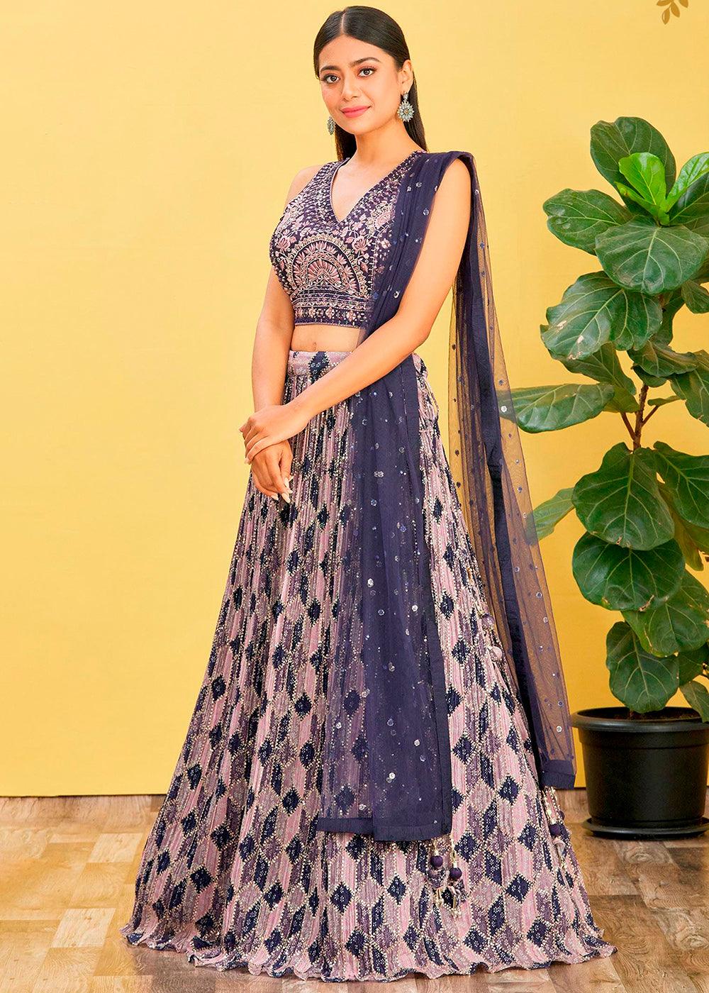 Shades Of Purple Digital Printed Chinnon Lehenga with Thread,Zari & Sequins Work - qivii