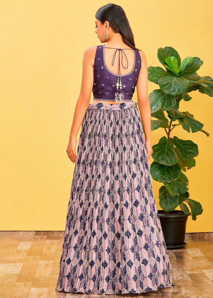 Shades Of Purple Digital Printed Chinnon Lehenga with Thread,Zari & Sequins Work - qivii