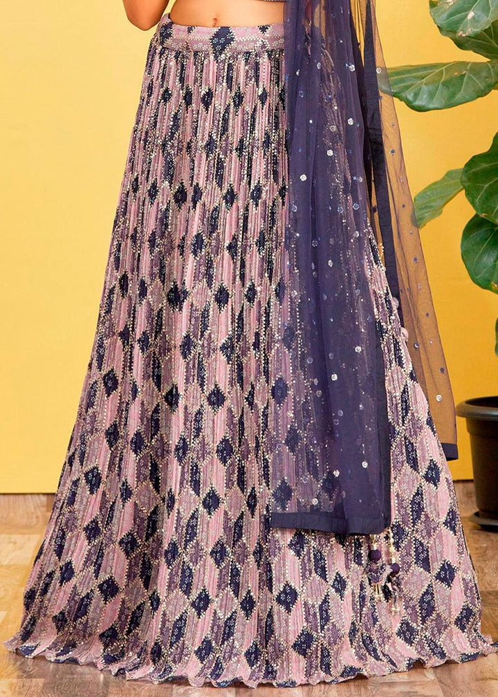 Shades Of Purple Digital Printed Chinnon Lehenga with Thread,Zari & Sequins Work - qivii