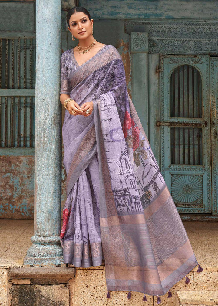 Shades Of Purple Floral Printed linen Saree with Zari Border | Stitched Blouse - qivii