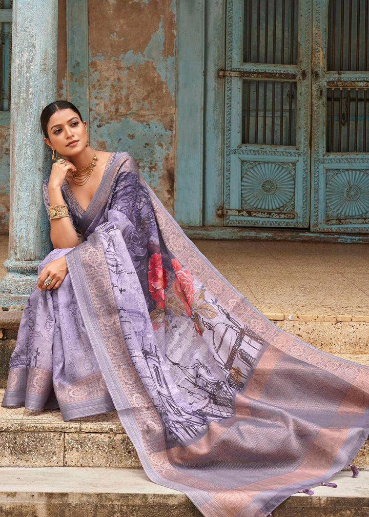 Shades Of Purple Floral Printed linen Saree with Zari Border | Stitched Blouse - qivii