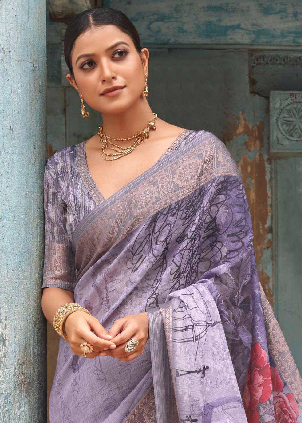 Shades Of Purple Floral Printed linen Saree with Zari Border | Stitched Blouse - qivii