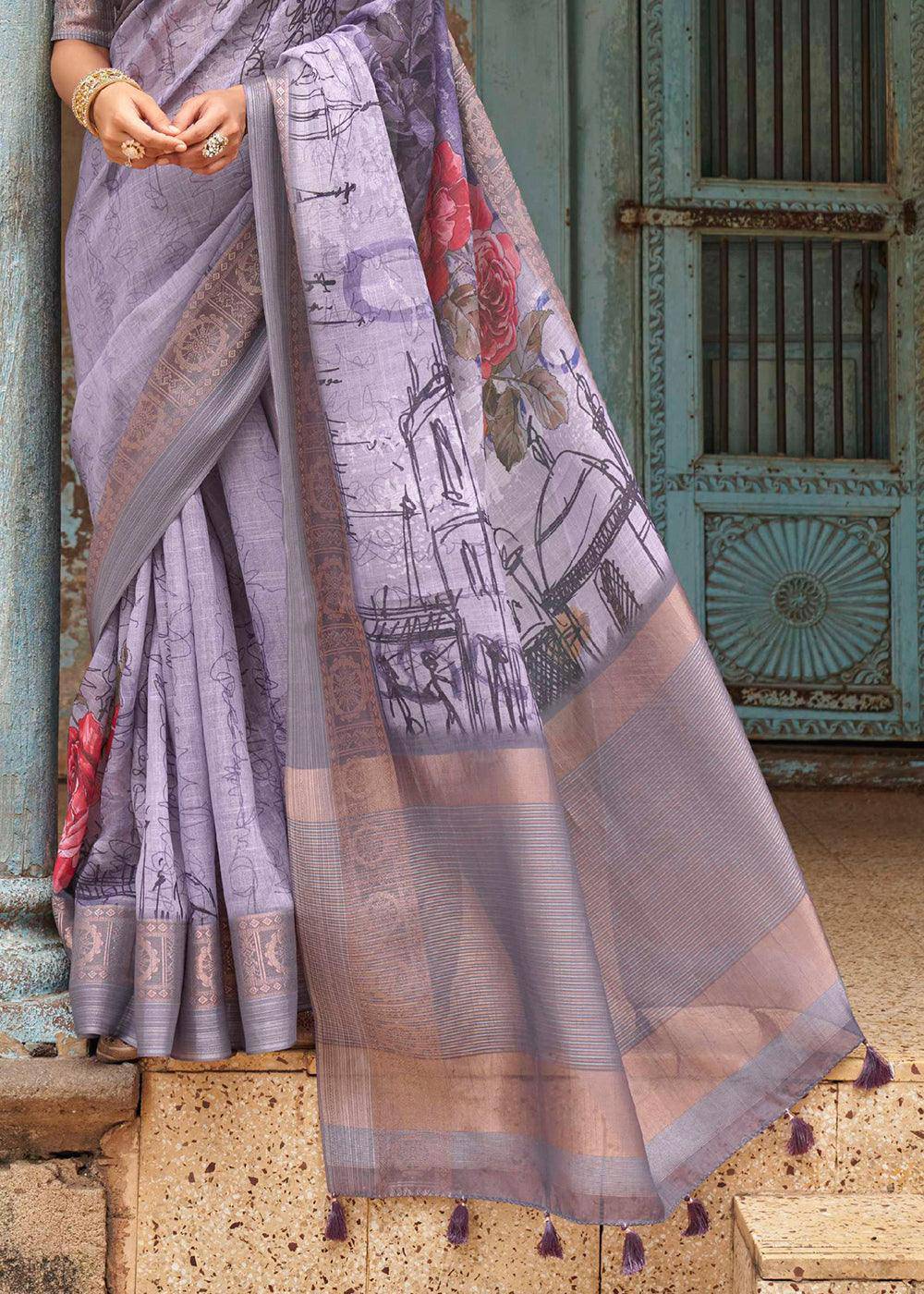 Shades Of Purple Floral Printed linen Saree with Zari Border | Stitched Blouse - qivii