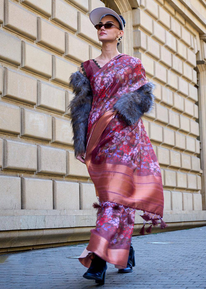 Shades Of Purple Floral Printed Satin Organza Saree | Stitched Blouse - qivii