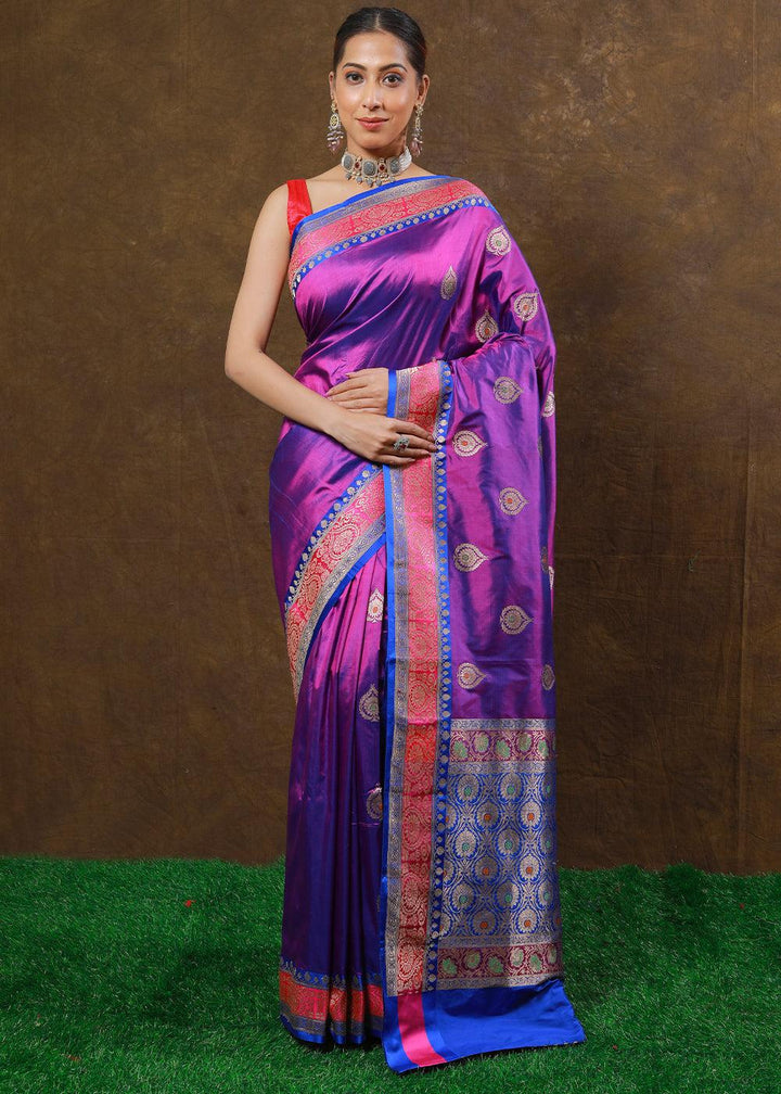 Shades Of Purple Hand Woven Pure Katan Silk Saree | Stitched Blouse - qivii