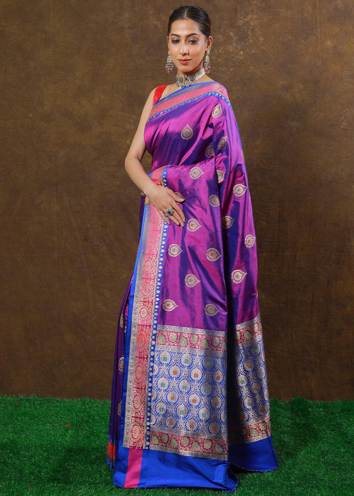 Shades Of Purple Hand Woven Pure Katan Silk Saree | Stitched Blouse - qivii