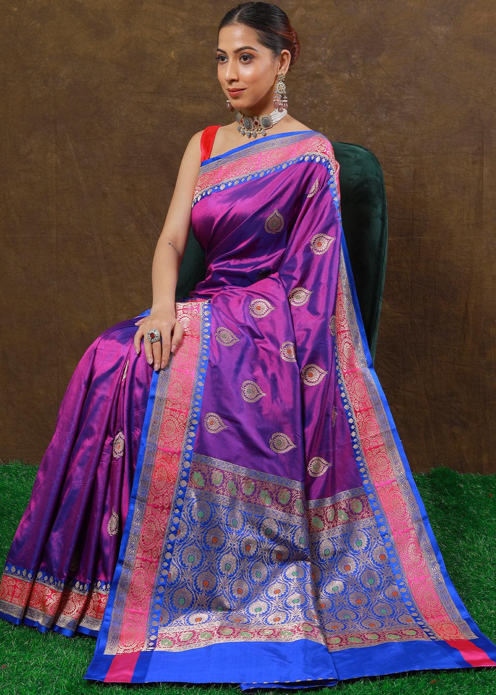 Shades Of Purple Hand Woven Pure Katan Silk Saree | Stitched Blouse - qivii