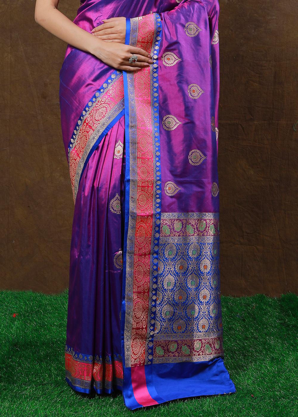 Shades Of Purple Hand Woven Pure Katan Silk Saree | Stitched Blouse - qivii