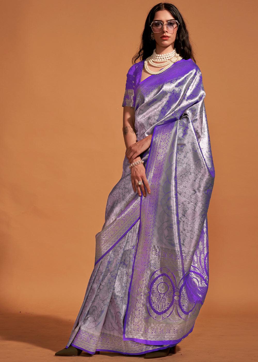 Shades Of Purple Handloom Woven Kanjivaram Silk Saree - qivii