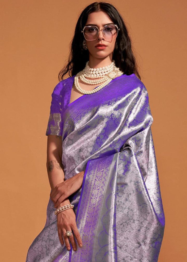 Shades Of Purple Handloom Woven Kanjivaram Silk Saree - qivii