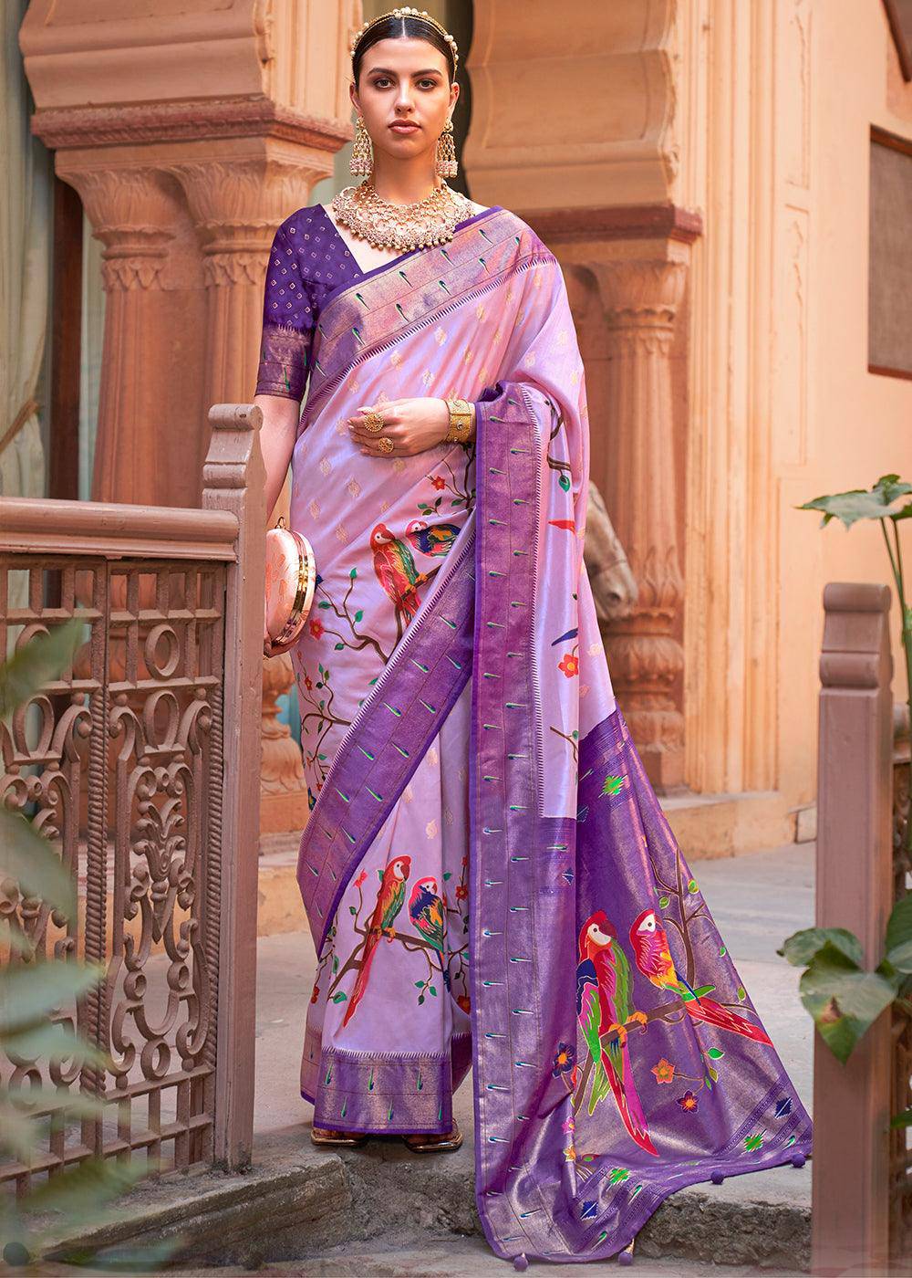 Shades Of Purple Paithani Silk Saree | Stitched Blouse - qivii