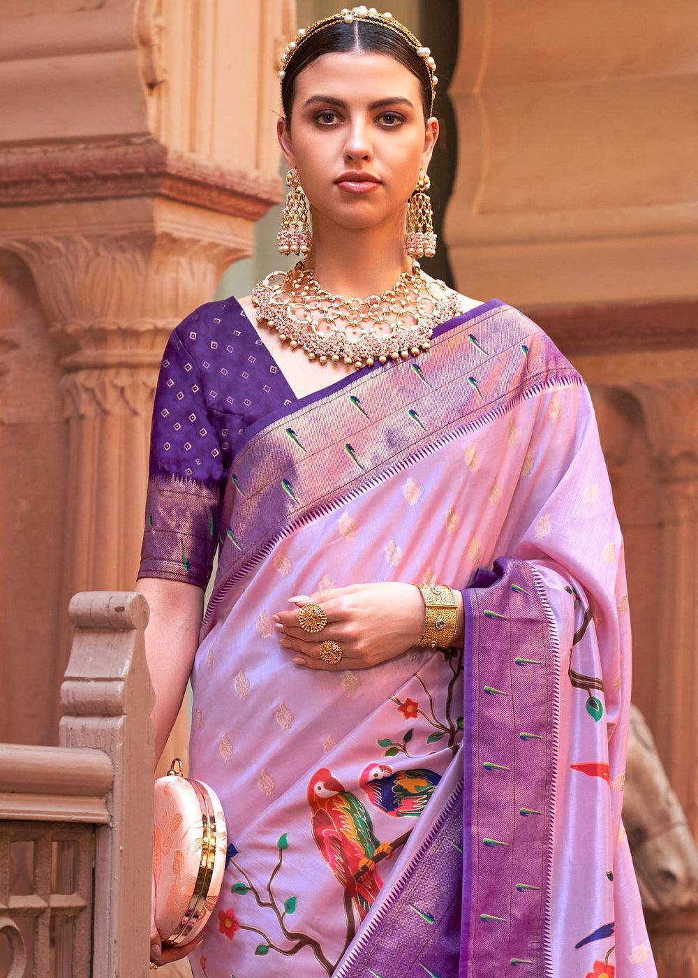 Shades Of Purple Paithani Silk Saree | Stitched Blouse - qivii