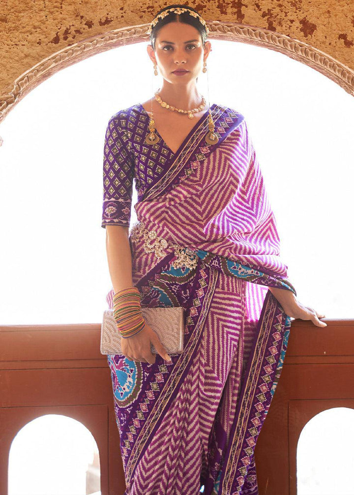 Shades Of Purple Printed Patola Silk Saree with Zari Border & Tassels on Pallu | Stitched Blouse - qivii